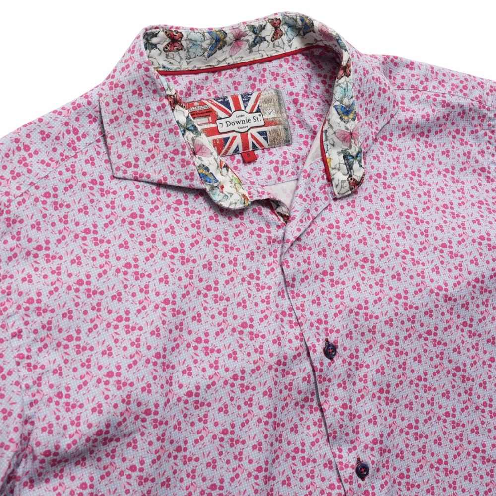 7 Downie St Short‎ Sleeve Floral Button Up Shirt Mens Size 5 Pink Butterfly Trim